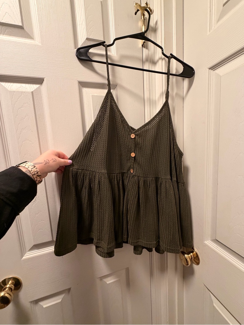 SHEIN Olive Green Waffle Knit Peplum Cami with Button Front